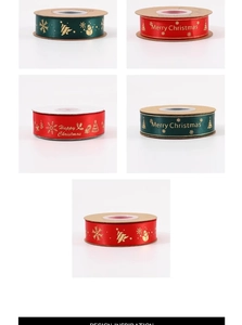 Close-up of Christmas satin ribbons with gold foil trees and Merry Christmas text