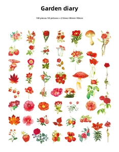 Macro view of 100pcs vintage floral stickers set with roses and tulips for journaling