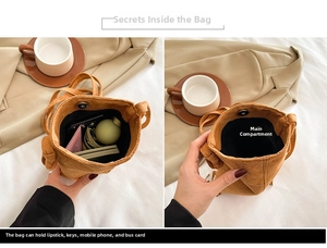 Detail view of suede bucket bag interior showing capacity for phone and essentials
