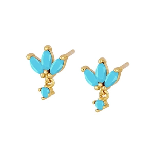 Detail of s925 silver needle gold earrings with marquise blue stones and dangling charm