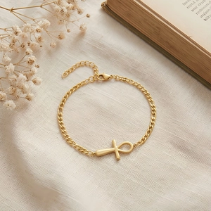 Stainless Steel Ankh Bracelet For Women Vintage Ancient Egyptian Life Cross Figaro Chain Gold Plated Minimalist Jewelry