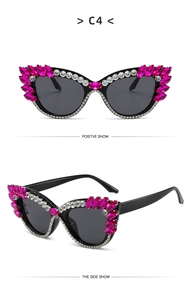 Detail view of cat eye sunglasses with rhinestones and pink crystal embellishments