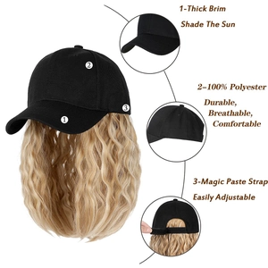 Detail of synthetic hair wig with baseball cap showing adjustable velcro strap and texture