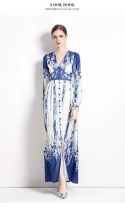 Detail view of V-neck button-down floral maxi dress with vintage blue and white patterns
