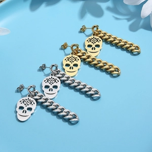 Gothic skull earrings with chunky Cuban chain tassels in gold and silver stainless steel
