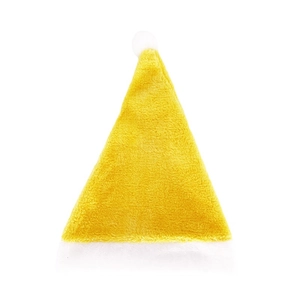 Vibrant yellow plush Santa hat with soft white faux fur trim and pompom on white background