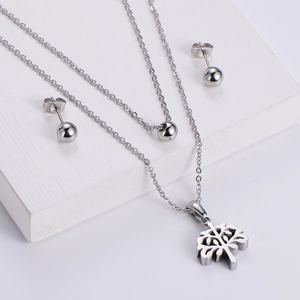 Parure bijoux en acier titane avec collier arbre de vie et boucles d'oreilles perles