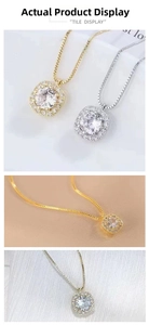 Detail of square halo pendant necklace with box chain in gold and silver finish