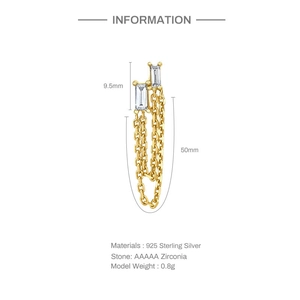 Detail of 925 sterling silver triple chain drop earrings with AAAAA cubic zirconia