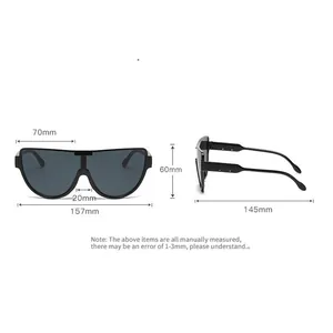 Detailed technical diagram showing lens width, frame height and arm length of brown sunglasses