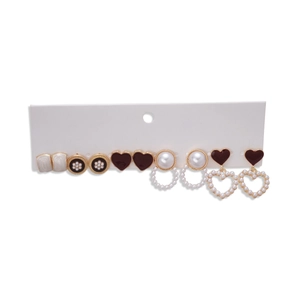 Elegant 6-pair gold plated earring set with faux pearls and heart-shaped oil drip designs