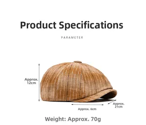 Brown striped newsboy cap with product dimensions 12cm height and 6cm brim length