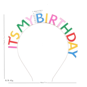 Detailed size specifications for colorful It's My Birthday headband and metal frame