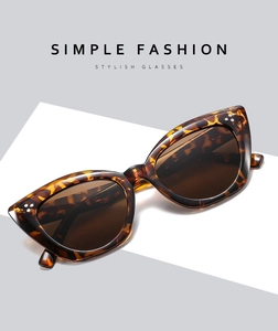 Close-up of tortoise shell cat-eye sunglasses with three-dot metal rivets and brown lenses