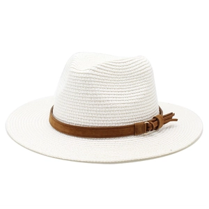 White woven straw panama hat with brown suede band and golden tassel detail for sun protection