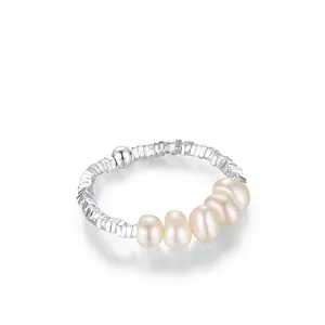Minimalist 925 Sterling Silver Artificial Pearl Adjustable Ring For Women Elegant Hammered Texture Open Finger Ring Niche Design