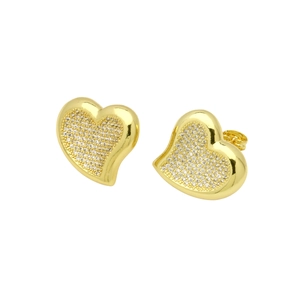 Detail of 18k gold heart earrings featuring micro-pave white zircon stones
