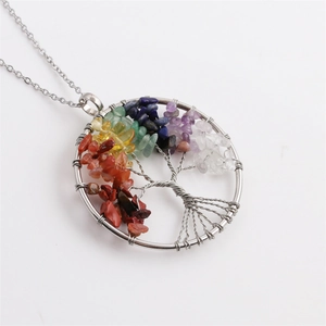 Tree of Life heart pendant necklace with colorful crystal stones and stainless chain