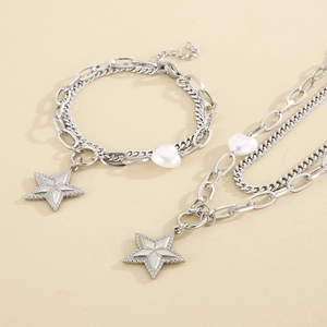 Double-layered stainless steel necklace and bracelet set with star and heart charms