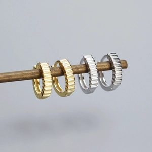 Minimalist S925 silver hoop earrings with vertical stripe texture in gold and silver