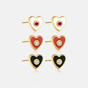 925 Sterling Silver Heart Stud Earrings For Women Enamel Love Heart Gold Plated Rhinestone Earrings Simple Fashion Jewelry Gift