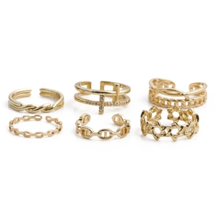 6-piece gold-tone hollow letter and infinity ring set with rhinestones and star patterns