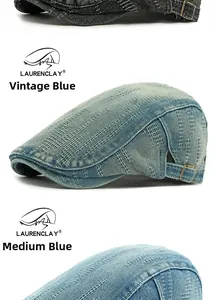Close-up of washed denim flat cap detailing vintage textures and metal side buckles