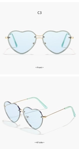Detailed front and 45-degree side views of heart-shaped rimless sunglasses in light blue