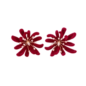 Elegant gold-plated flower stud earrings with deep red velvet petals and crystals