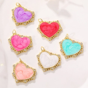 Colgante de Corazón de Cobre Chapado en Oro Con Incrustación de Circonia Esmalte Dije para Collar Pendientes Joyería Mujer