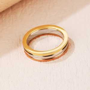 Minimalist tricolor stainless steel ring featuring gold, silver, and rose gold polished bands