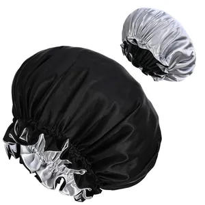 Cuffia da notte extra large in raso nero e argento con bordo in pizzo elasticizzato