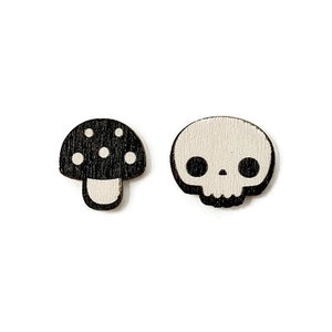 Halloween asymmetrical wooden earrings featuring hand-painted mushroom and skull designs