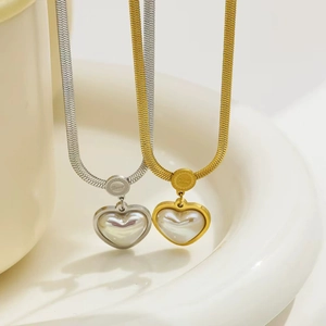 Minimalist gold and silver heart pearl pendant necklaces with flat snake bone chain design