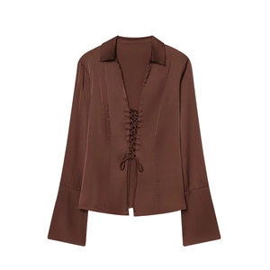 Chocolate brown satin long sleeve blouse with lace-up front and flared cuffs
