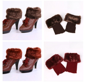 Detail view of coffee and wine red faux fur boot covers with knitted elastic bands