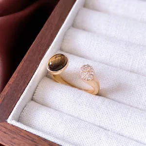 Tiger Eye Stone Oval Open Ring 18K Gold Plated Adjustable Zircon Retro Finger Jewelry For Women