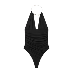 Body noir sexy à col en V avec anneau métallique licou et taille froncée chic