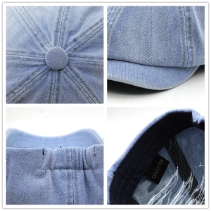 Light blue denim newsboy cap for women in 100% cotton with detailed material views