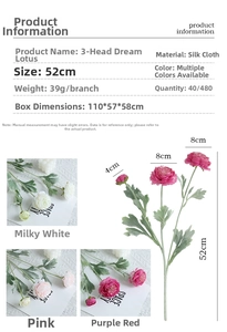 Detail of 3-head silk ranunculus artificial flower with dimensions and material specs