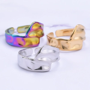 Irregular molten style adjustable stainless steel rings in silver, gold and rainbow
