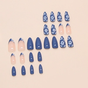 French blue flower almond fake nail tips set with 24 pieces in solid and floral designs