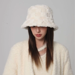 Chic cream plush bucket hat with checkerboard texture for winter warmth and style