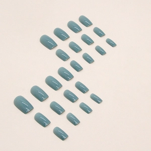 Glossy haze blue medium-long square press-on nails set in elegant Morandi blue tones