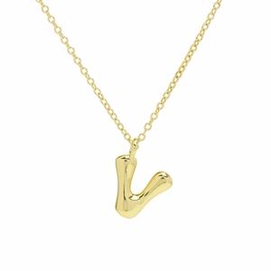 Detail of 3D balloon letter V pendant in 18k gold plating with a polished finish