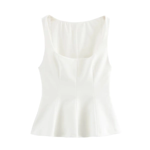 Women's chic white sleeveless vest top with a cinched waist and asymmetric hem design