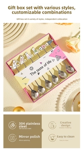 Gift set of six 304 stainless steel spoons with cat handles in a pink box