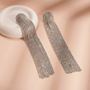 Luxury multi-layer crystal fringe tassel drop earrings with silver pins for women