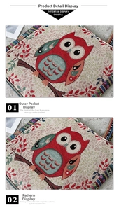 Detailed close-up of ethnic owl jacquard weaving and functional front pocket on canvas tote