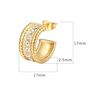 Detail view of 17mm gold C-shaped earring with inset crystals showing exact dimensions